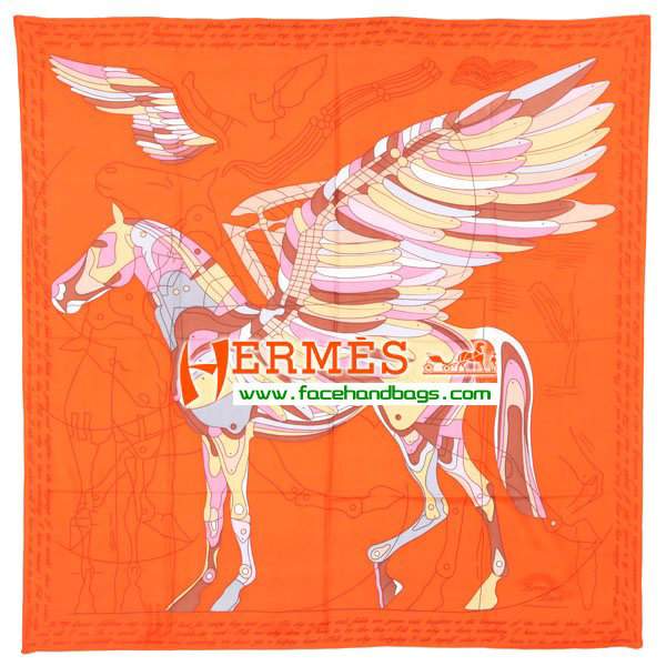 Hermes 100% Silk Square Scarf Orange HESISS 130 x 130 - Click Image to Close